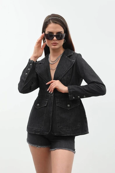 Kadın Uzun Kollu Tek Düğmeli Jean Ceket Siyah - 3
