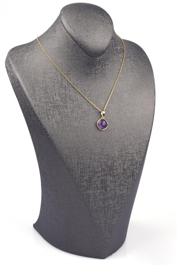 Ametist Doğal Taş Gold Renkli Kolye - Resim 2