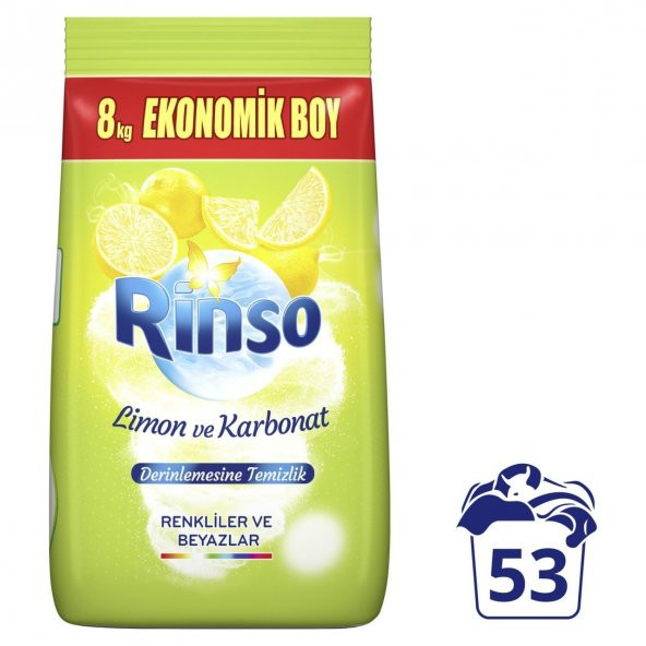 Rinso Toz Çamaşır Deterjanı Limon ve Karbonat Renkliler ve Beyazlar İçin Derinlemesine Temizlik 8 KG