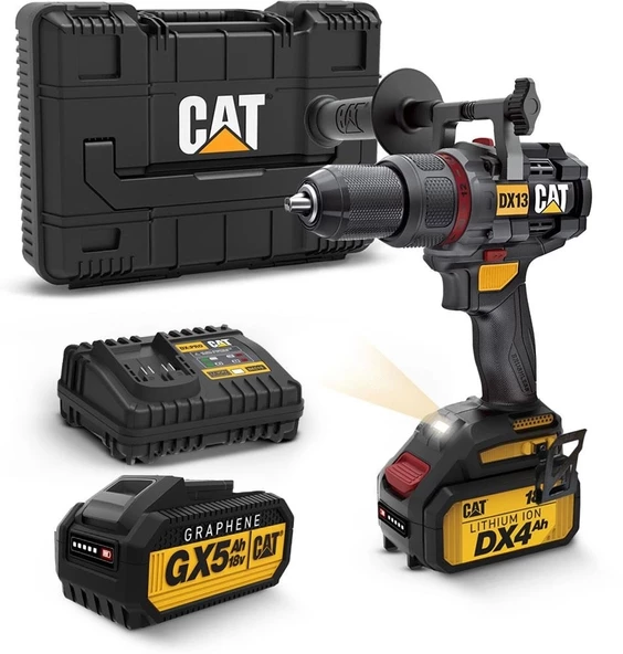 CAT DX13X 18Volt/4.0Ah Li-ion Çift Akülü Kömürsüz Profesyonel Darbeli Matkap + 5.0Ah. GRAPHENE Akü Hediye