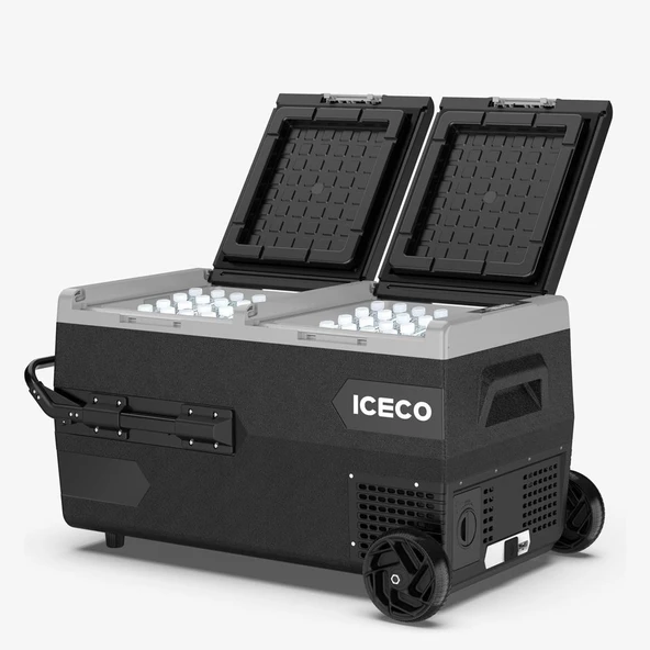 ICECO K75D 12/24Volt 75 Litre Akülü/Kablolu/ Çift Bölmeli Kompresörlü Tekerlekli Outdoor Oto Buzdolabı/Dondurucu (Akü D