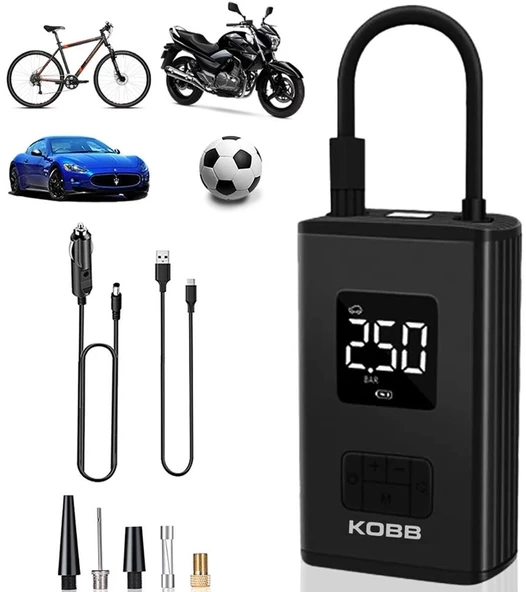 KOBB KB425 12V / Şarjlı Li-ion 150 PSI Dijital Göstergeli Akıllı Lastik Şişirme Pompası+ Powerbank + SOS + Led Lamba