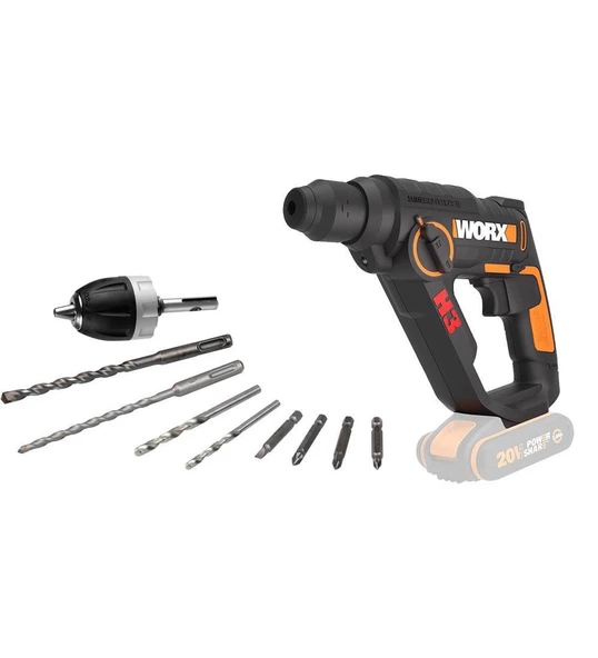 WORX WX390.9 20Volt 1.2J Profesyonel SDS-Plus Pnömatik Şarjlı Matkap + 8 Adet Uç + Mandren (Akü Dahil Değildir)