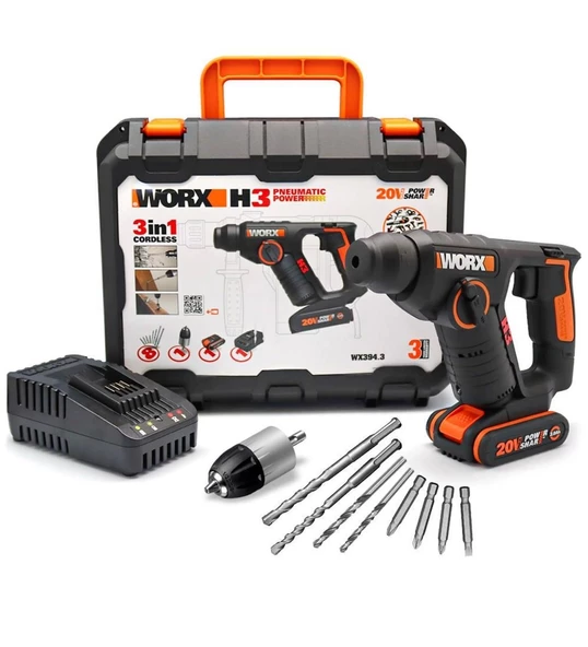 WORX WX394.3 20Volt 2.0Ah. Li-ion 1.5J Profesyonel SDS-Plus Pnömatik Şarjlı Matkap + 9 Adet Uç + Mandren