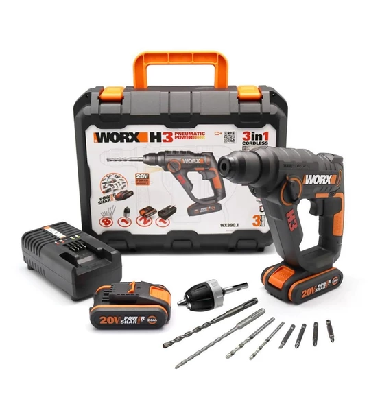 WORX WX390.1 20Volt 2.0Ah. Li-ion 1.2J Profesyonel SDS-Plus Pnömatik Çift Akülü Şarjlı Matkap + 8 Adet Uç + Mandren