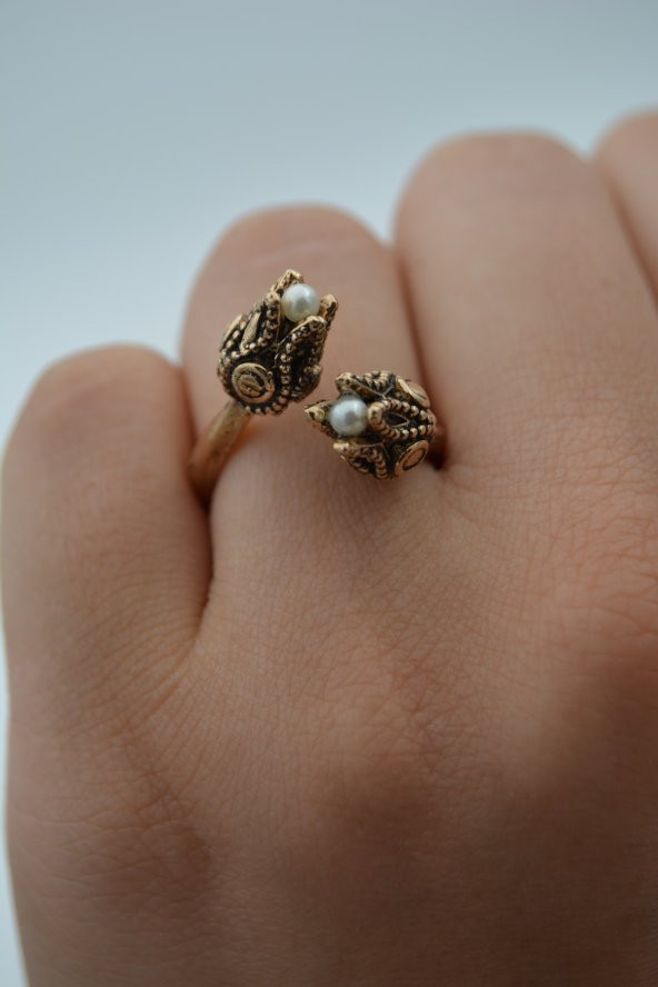 STONEAGE İncili Lale Ayarlanabilir Bayan Yüzük Madeni Bakır - Resim 5