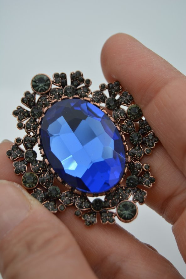 STONEAGE Broş Safir ve Zirkon Taşlı Büyük Boy - 4