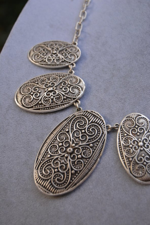 STONEAGE Hint Gümüşü Oval Spor Oval Bohem Bayan Gerdanlık Kolye Türk Malı - Resim 3