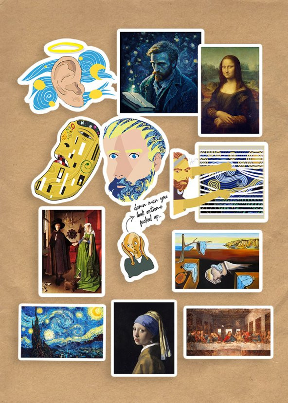 Sanat Eserleri 12li Laptop, Tablet, Cep Telefonu, Ajanda, Matara Selefonlu Hediyelik Sticker Seti