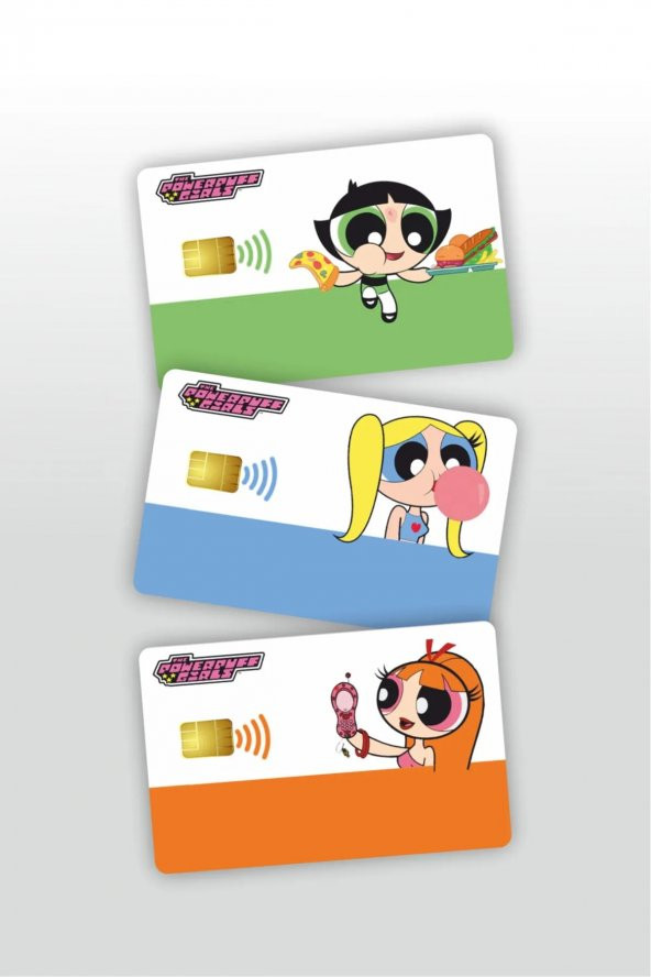 Powerpuff Girls 3lü Kredi Kart, Akbil ve Kart Kaplama Stickerı Seti