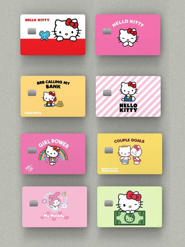 8li Hello Kitty Set Çipli veya Çipsiz Kart, Kredi Kartı, Akbil Kaplama Stickerı
