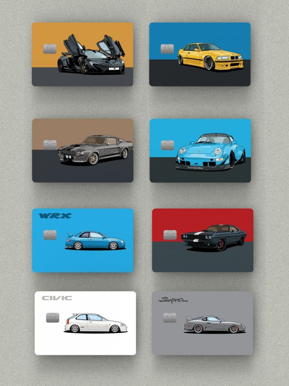Araba Sevdası 8li Çipli veya Çipsiz Kart, Kredi Kartı, Akbil Kaplama Stickerı