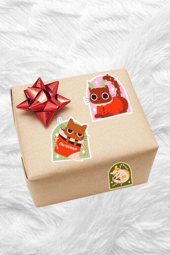 Yılbaşı Noel Sevimli Kediler 12Li Laptop, Tablet, Cep Telefonu Sticker Seti - 3