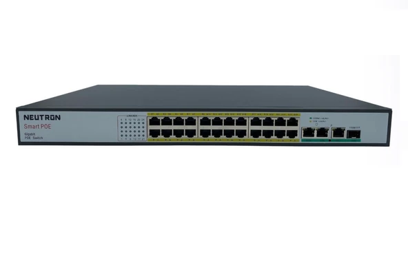 Neutron NT-PS24-320 24 Port Poe 3 port GB Uplink 1 Port GB SFP 250 Metre 320W Poe Switch ürün görseli 1