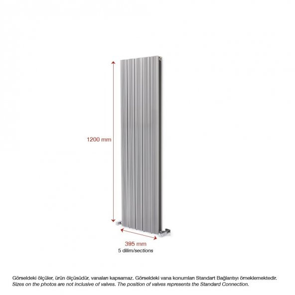 1200x395mm Amber Dikey Gümüş Gri Alüminyum Radyatör Standart Bağlantı - 2