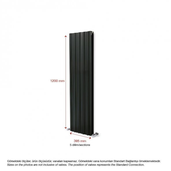 1200x395mm Amber Dikey Antrasit Alüminyum Radyatör Standart Bağlantı - 2