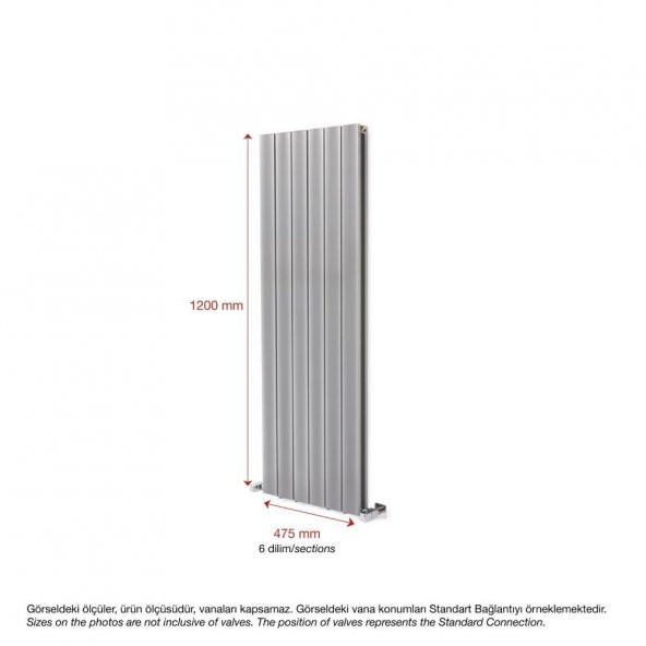 1200x475mm Amber Dikey Gümüş Gri Alüminyum Radyatör Standart Bağlantı - Resim 2