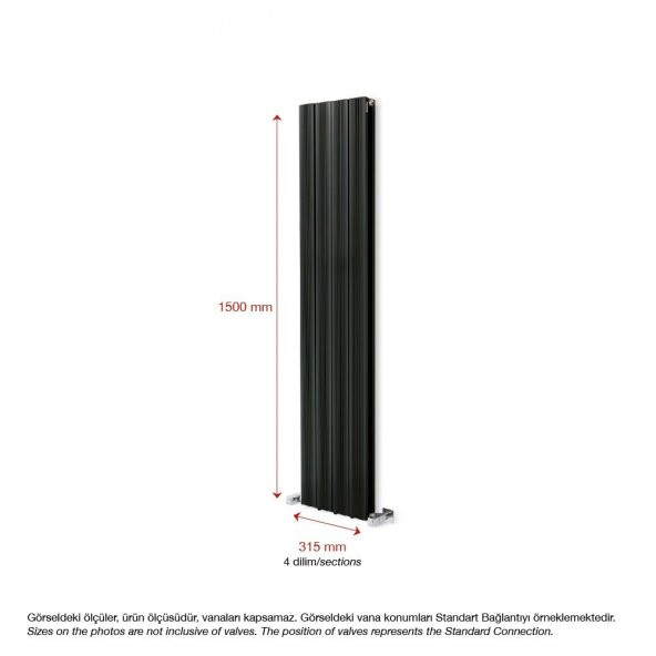 1500X315mm Amber Dikey Antrasit Alüminyum Radyatör Standart Bağlantı - 2