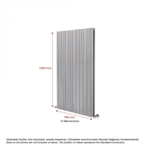 1200X795mm Amber Dikey Gümüş Gri Alüminyum Radyatör Standart Bağlantı - Resim 2