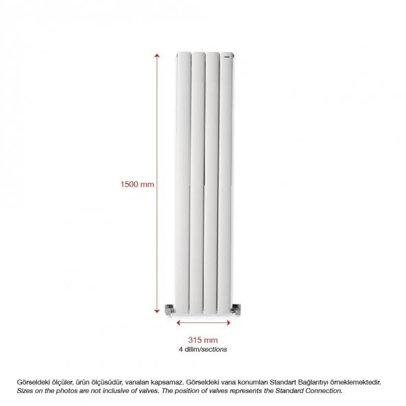 1500X315mm Lilac Dikey Beyaz Alüminyum Radyatör Standart Bağlantı - 2