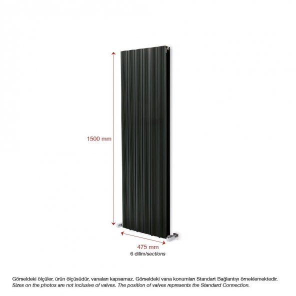 1500X475mm Amber Dikey Antrasit Alüminyum Radyatör Standart Bağlantı - 2