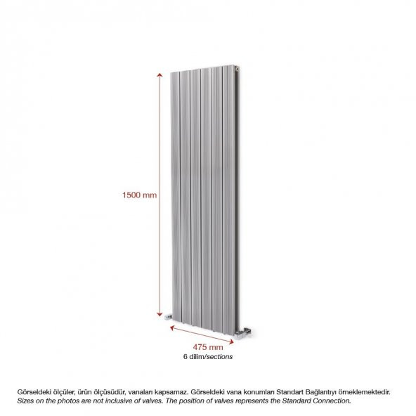 1500X475mm Amber Dikey Gümüş Gri Alüminyum Radyatör Standart Bağlantı - 2