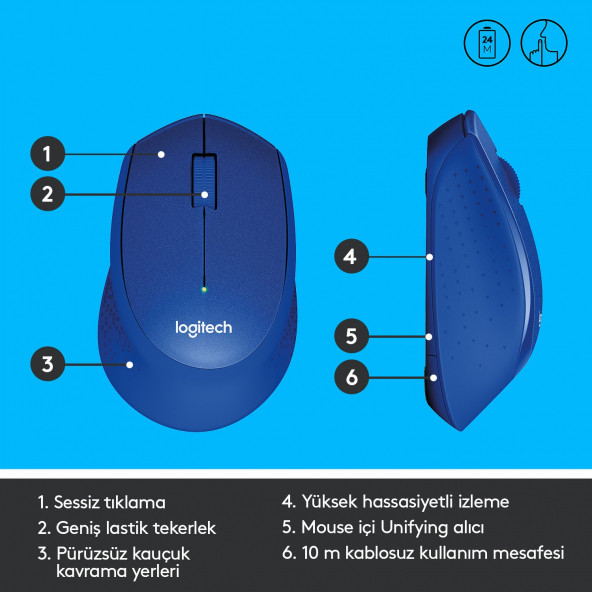 Logitech M330 Sessiz Kablosuz Optik Mouse - Mavi 910-004910 - 6