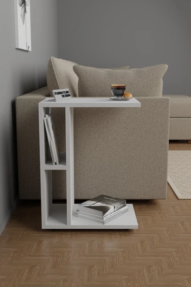 C Yan Sehpa Tekerlekli Koltuk Kenarı Dergilik Sehpa Beyaz - 3