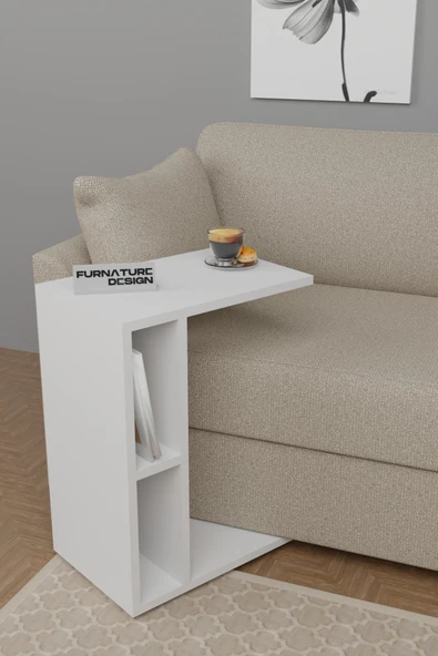 C Yan Sehpa Tekerlekli Koltuk Kenarı Dergilik Sehpa Beyaz