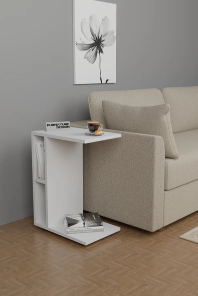 C Yan Sehpa Tekerlekli Koltuk Kenarı Dergilik Sehpa Beyaz - 2