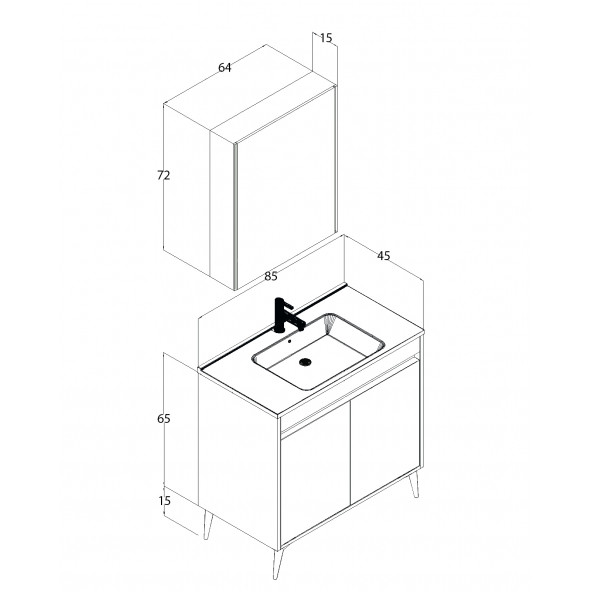 Banyo Dolabı 85 Cm Parlak Gri MDF Komple Takım - 3