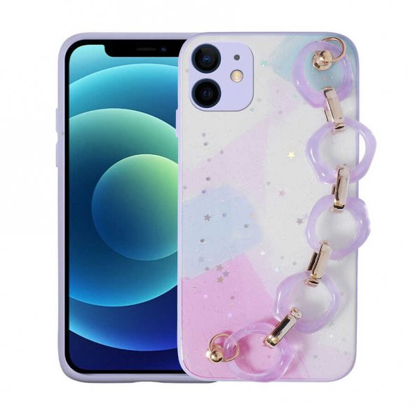 Apple iPhone 11 Uyumlu Kılıf Ceptecom Simli Desenli El Askılı Tutacaklı Elsa Silikon Kapak - 1