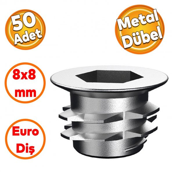 Mobilya Bağlantı Eleman Eki Euro Diş 6 Köşe Vida Metal Dübel 8x8 M6 Çinko (50 ADET)