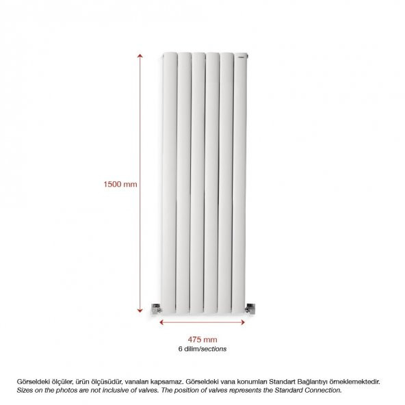 1500X475mm Lilac Dikey Beyaz Alüminyum Radyatör Standart Bağlantı - 2