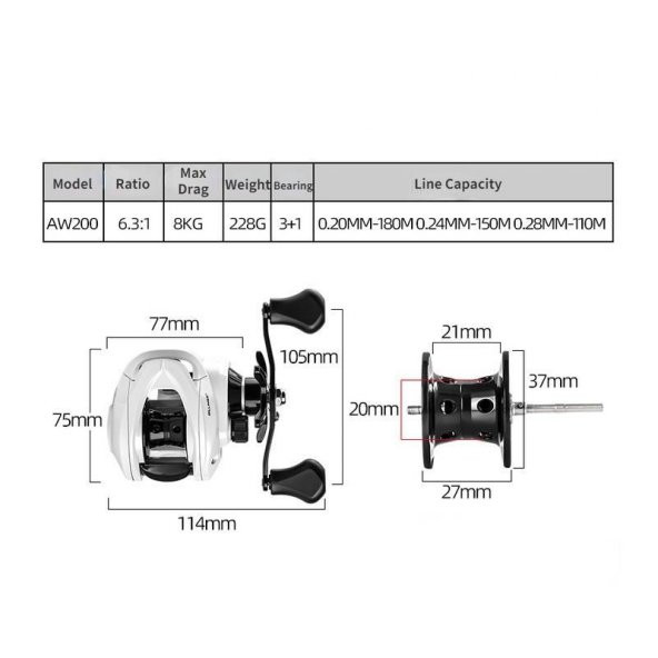 Valkyrie AW200 Sağ El Baitcasting 8kg Max Manyetik Fren 6.3:1 Çıkrık Olta Makinesi Motoru - 7