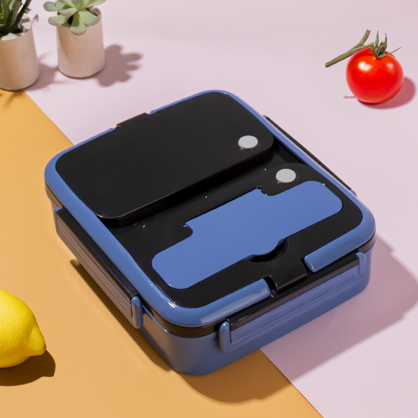 Cooker 1392-2 Çelik Hazneli 3 Bölmeli Beslenme Kutusu Lunchbox Sefer Tası - Mavi - 2