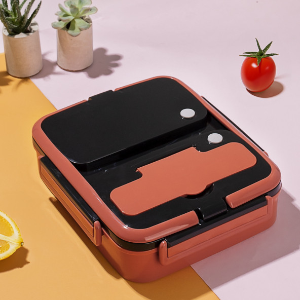 Cooker 1392-2 Çelik Hazneli 3 Bölmeli Beslenme Kutusu Lunchbox Sefer Tası - Turuncu - 2