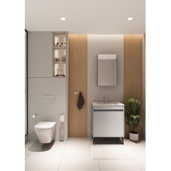 Banyo Dolabı 65 Cm Parlak Gri MDF Komple Takım