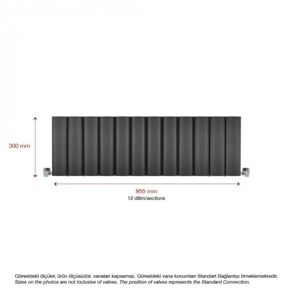 300X955mm Amber Yatay Antrasit Alüminyum Radyatör Standart Bağlantı - 2