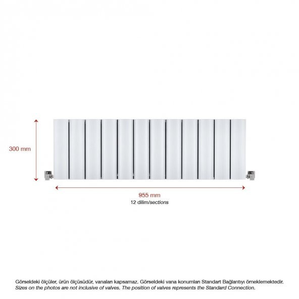 300X955mm Amber Yatay Beyaz Alüminyum Radyatör Standart Bağlantı - Resim 2