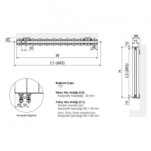 300X1435mm Lilac Yatay Beyaz Alüminyum Radyatör Standart Bağlantı - Resim 5