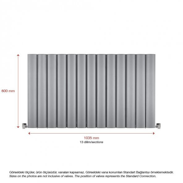 600X1035mm Amber Yatay Gümüş Gri Alüminyum Radyatör Standart Bağlantı - Resim 2