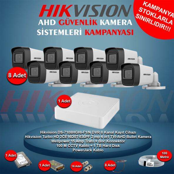 Hikvision AHD 8 Adet 2 Mp Bullet Güvenlik Kamera Seti