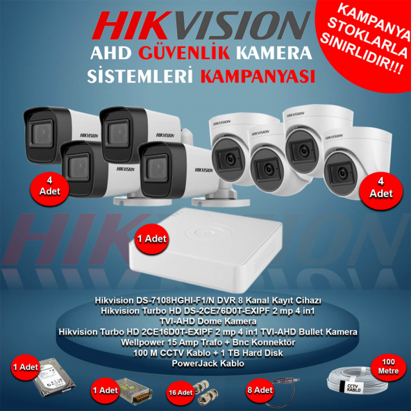 Hikvision AHD 4 Adet 2 Mp Dome 4 Adet 2 Mp Bullet Güvenlik Kamera Seti