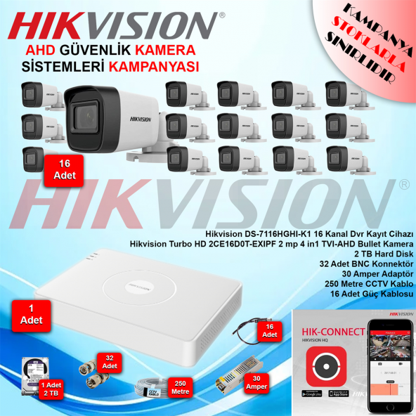 Hikvision AHD 16 Adet 2 Mp Bullet Güvenlik Kamera Seti