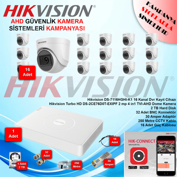 Hikvision AHD 16 Adet 2 Mp Dome Güvenlik Kamera Seti