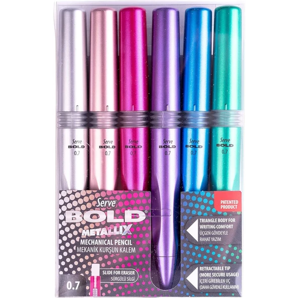 Serve Bold Mekanik Çıtçıtlı Kurşun Kalem 0.7 Mm Metalik Set