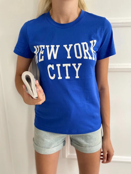 Kadın Basic Tişört New York City Baskılı Mavi - Resim 2