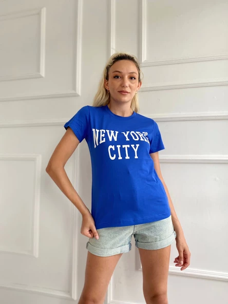 Kadın Basic Tişört New York City Baskılı Mavi