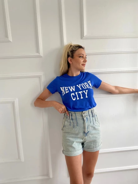 Kadın Basic Tişört New York City Baskılı Mavi - Resim 4
